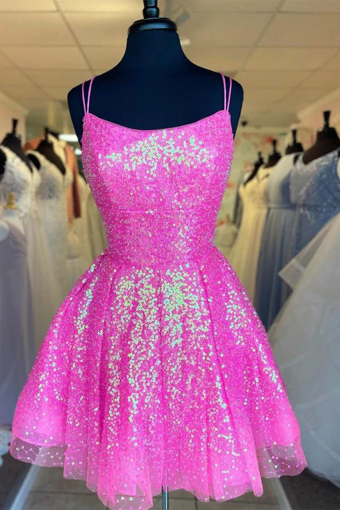 dressimeNew Arrival Sequins Pink Above Knee A Line Spaghetti Straps Homecoming Dresses Short Cocktail Dresses