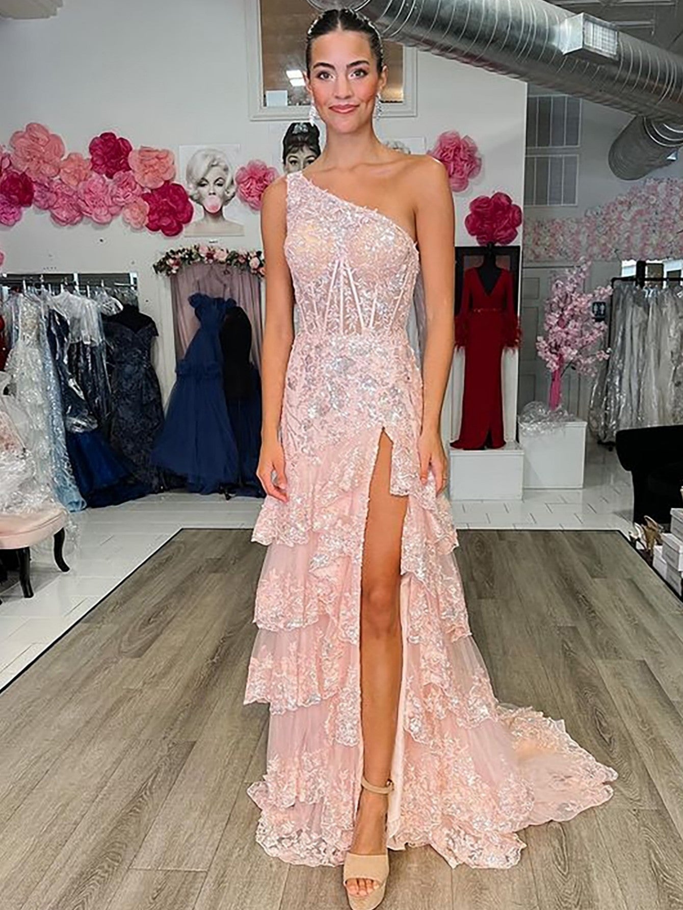 dressimeNew Style One Shoulder A Line Tulle Sequin-Embroidery Tiered Prom Dresses with Slit