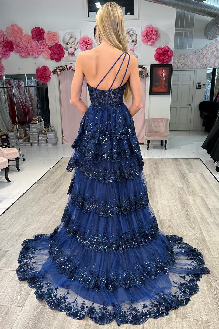 dressimeNew Style One Shoulder A Line Tulle Sequin-Embroidery Tiered Prom Dresses with Slit