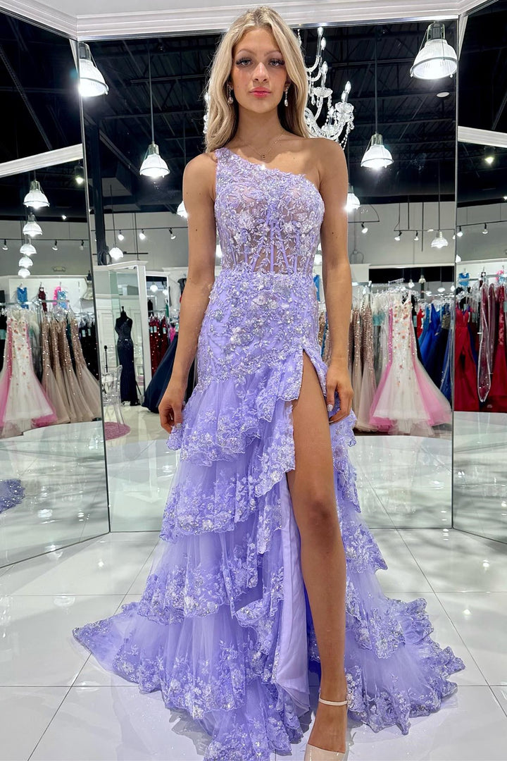 dressimeNew Style One Shoulder A Line Tulle Sequin-Embroidery Tiered Prom Dresses with Slit