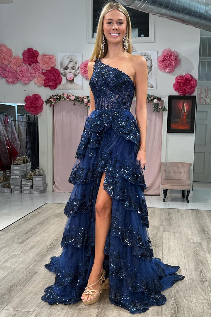 dressimeNew Style One Shoulder A Line Tulle Sequin-Embroidery Tiered Prom Dresses with Slit