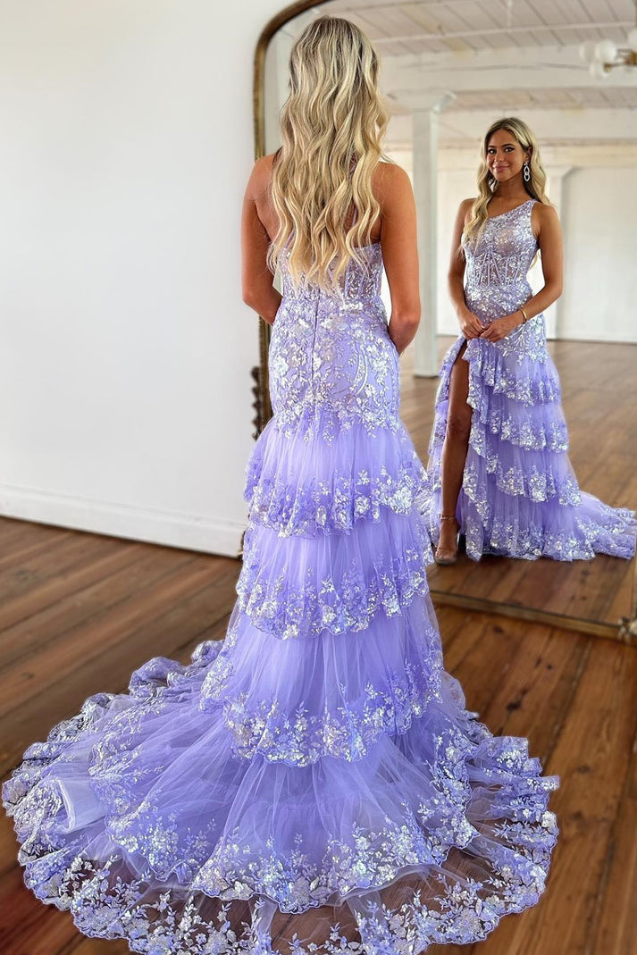 dressimeNew Style One Shoulder A Line Tulle Sequin-Embroidery Tiered Prom Dresses with Slit