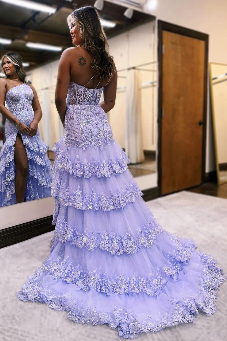 dressimeNew Style One Shoulder A Line Tulle Sequin-Embroidery Tiered Prom Dresses with Slit