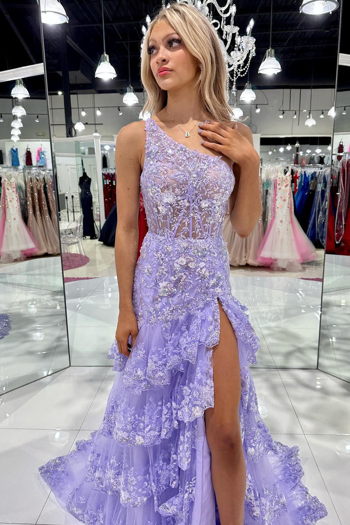 dressimeNew Style One Shoulder A Line Tulle Sequin-Embroidery Tiered Prom Dresses with Slit