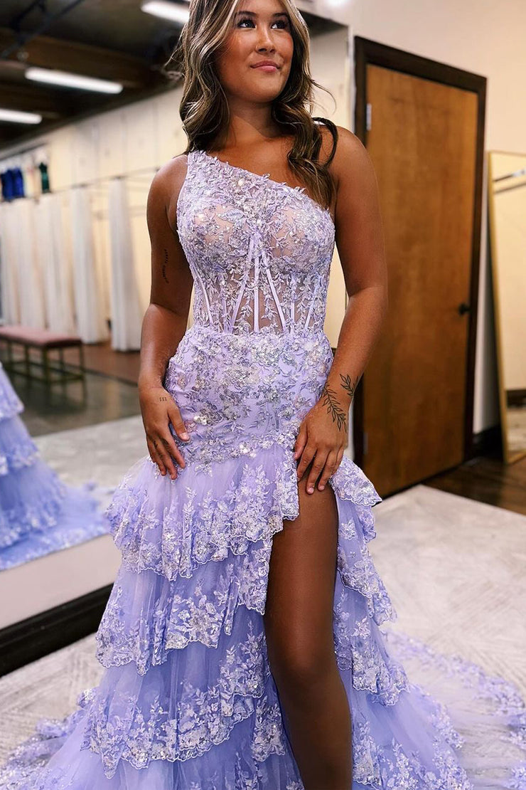 dressimeNew Style One Shoulder A Line Tulle Sequin-Embroidery Tiered Prom Dresses with Slit