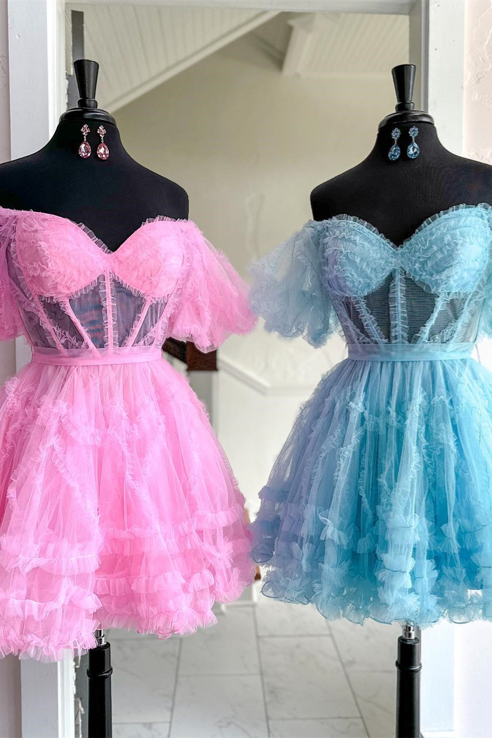 dressimeOff The Shoulder A Line Homecoming Dresses Tulle With Ruffles