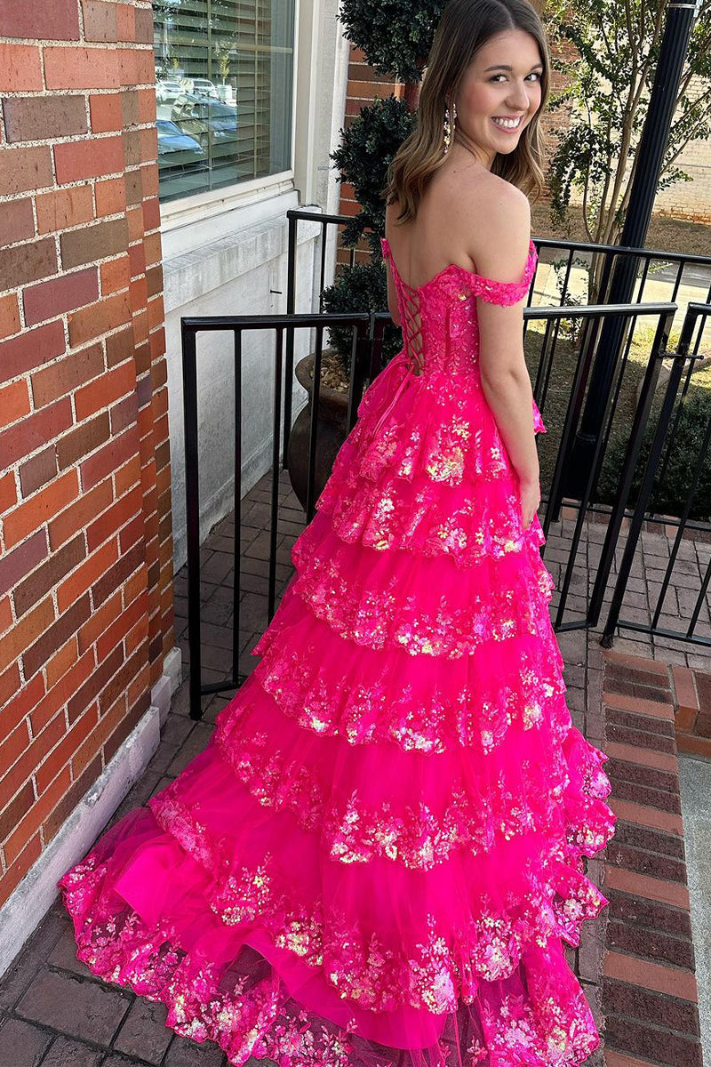 Dressime Off-the-Shoulder Ruffle Multi-Tiered Long Prom Dress dressime