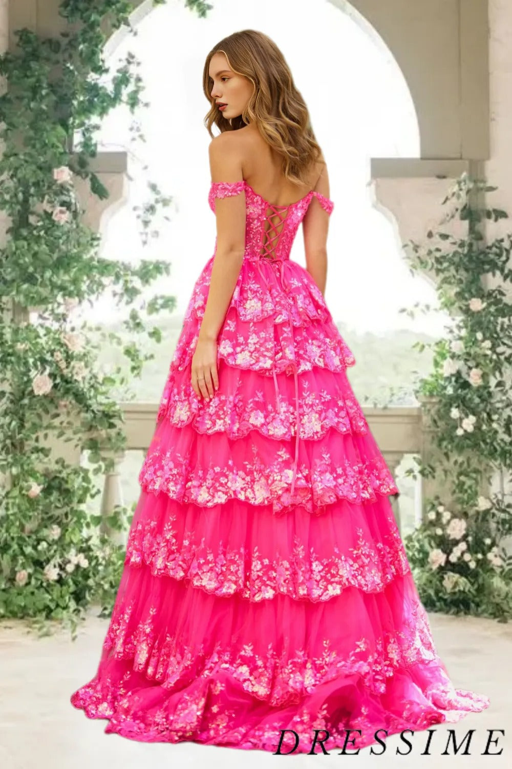 Dressime Off-the-Shoulder Ruffle Multi-Tiered Long Prom Dress dressime
