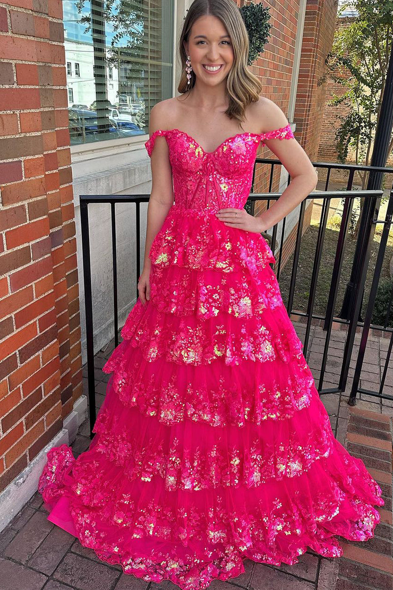 Dressime Off-the-Shoulder Ruffle Multi-Tiered Long Prom Dress dressime