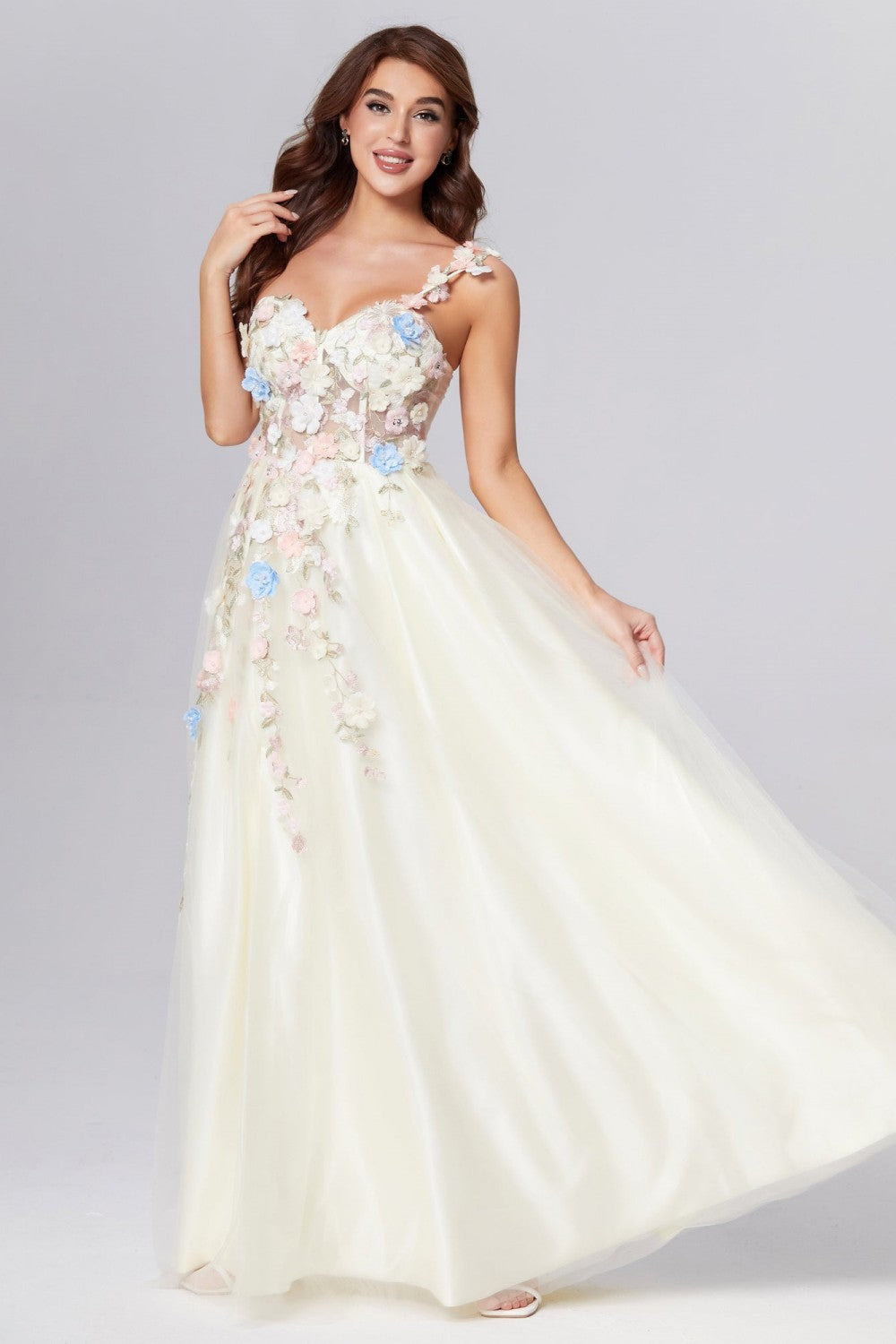 dressimeOne Shoulder Champagne Long Prom Dress with Flowers Slit