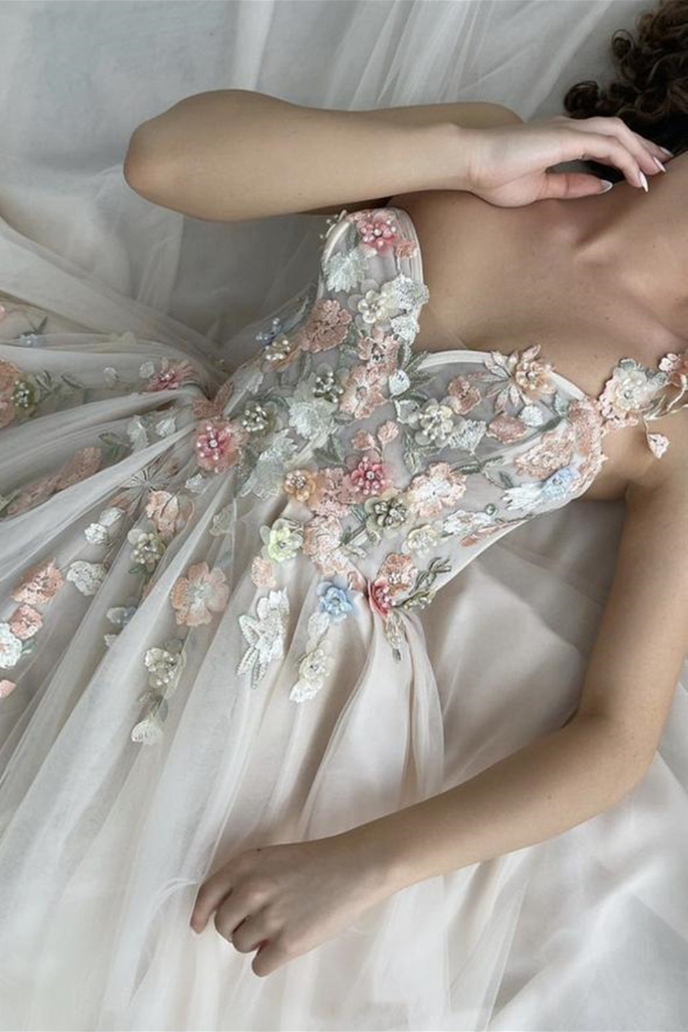 dressimeOne Shoulder Champagne Long Prom Dress with Flowers Slit