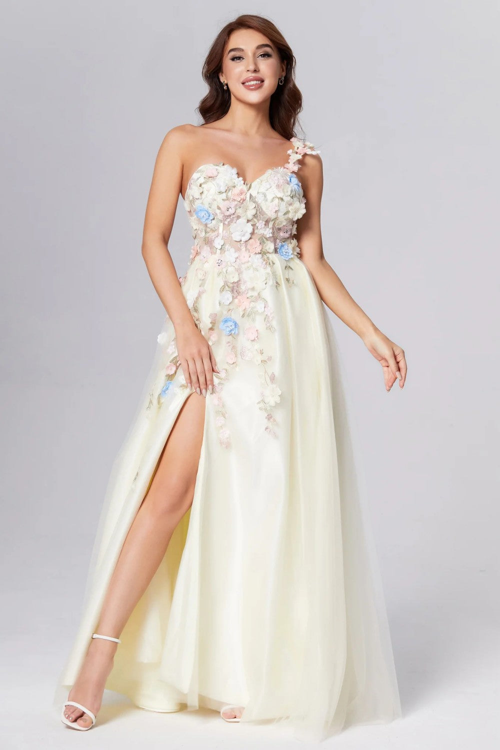 dressimeOne Shoulder Champagne Long Prom Dress with Flowers Slit