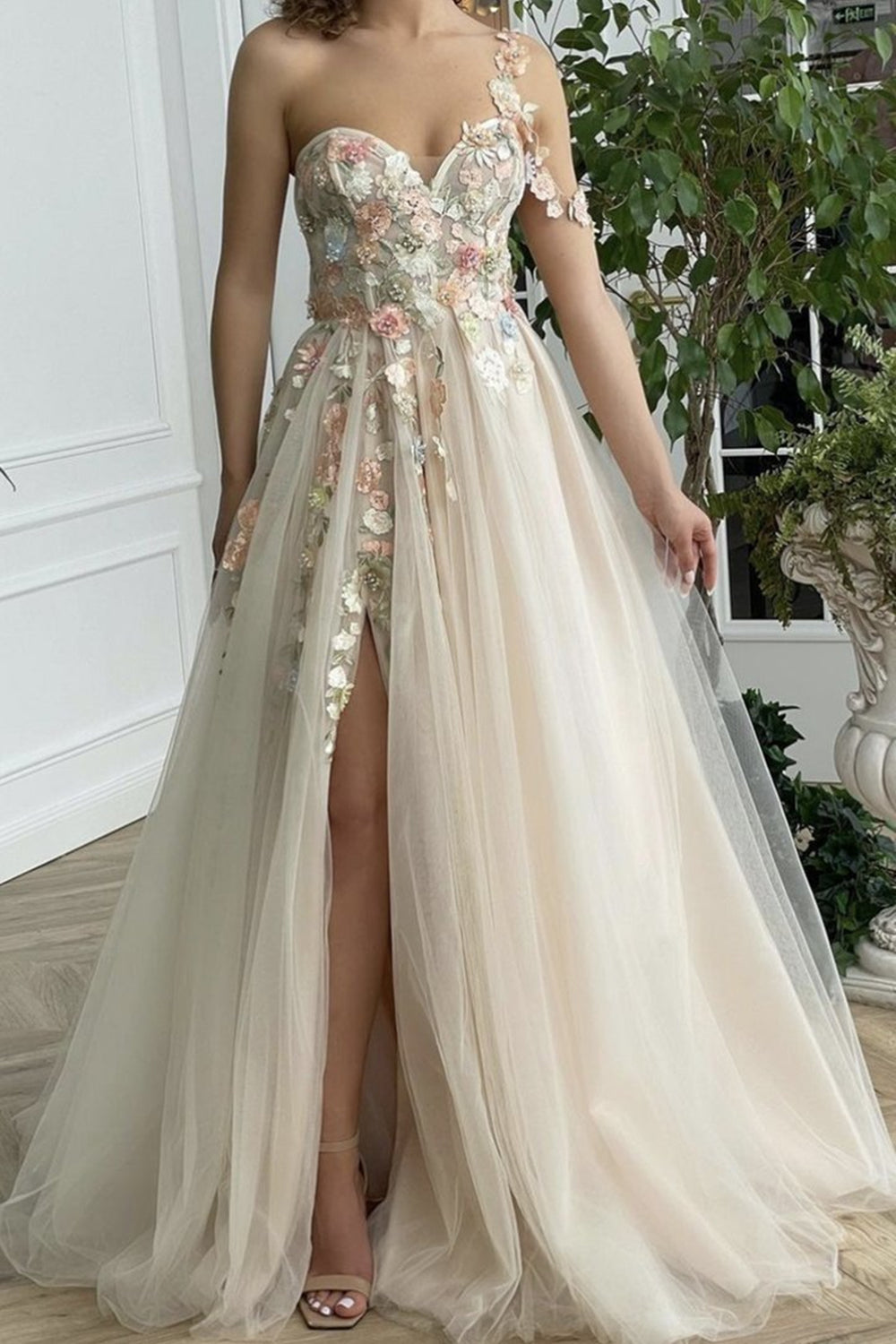 dressimeOne Shoulder Champagne Long Prom Dress with Flowers Slit