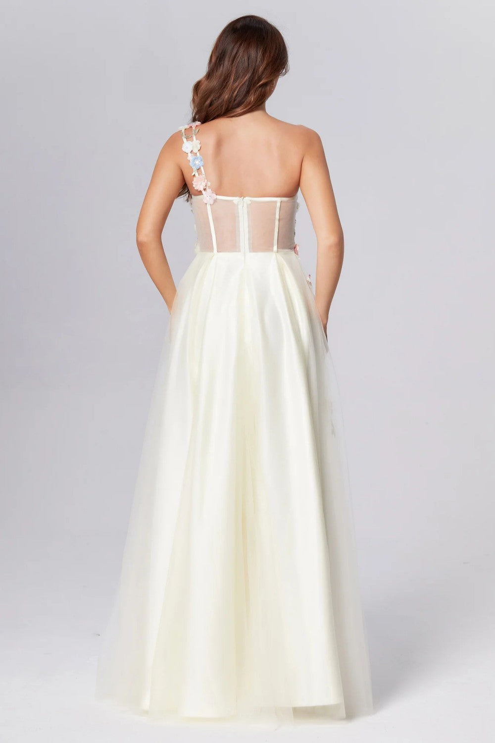 dressimeOne Shoulder Champagne Long Prom Dress with Flowers Slit