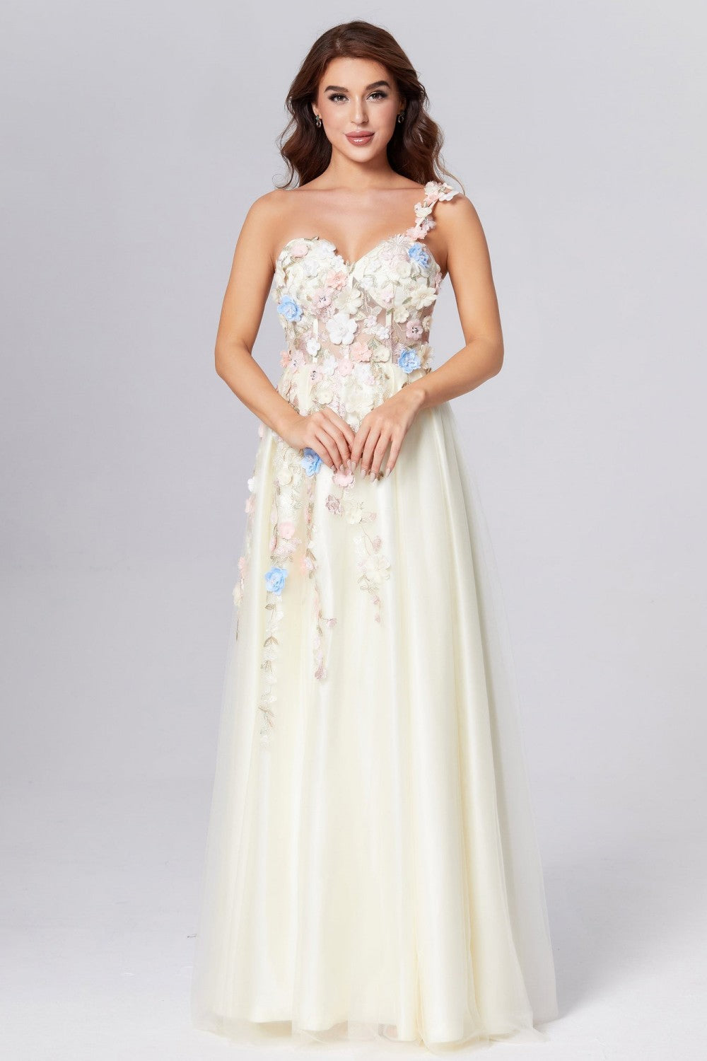 dressimeOne Shoulder Champagne Long Prom Dress with Flowers Slit