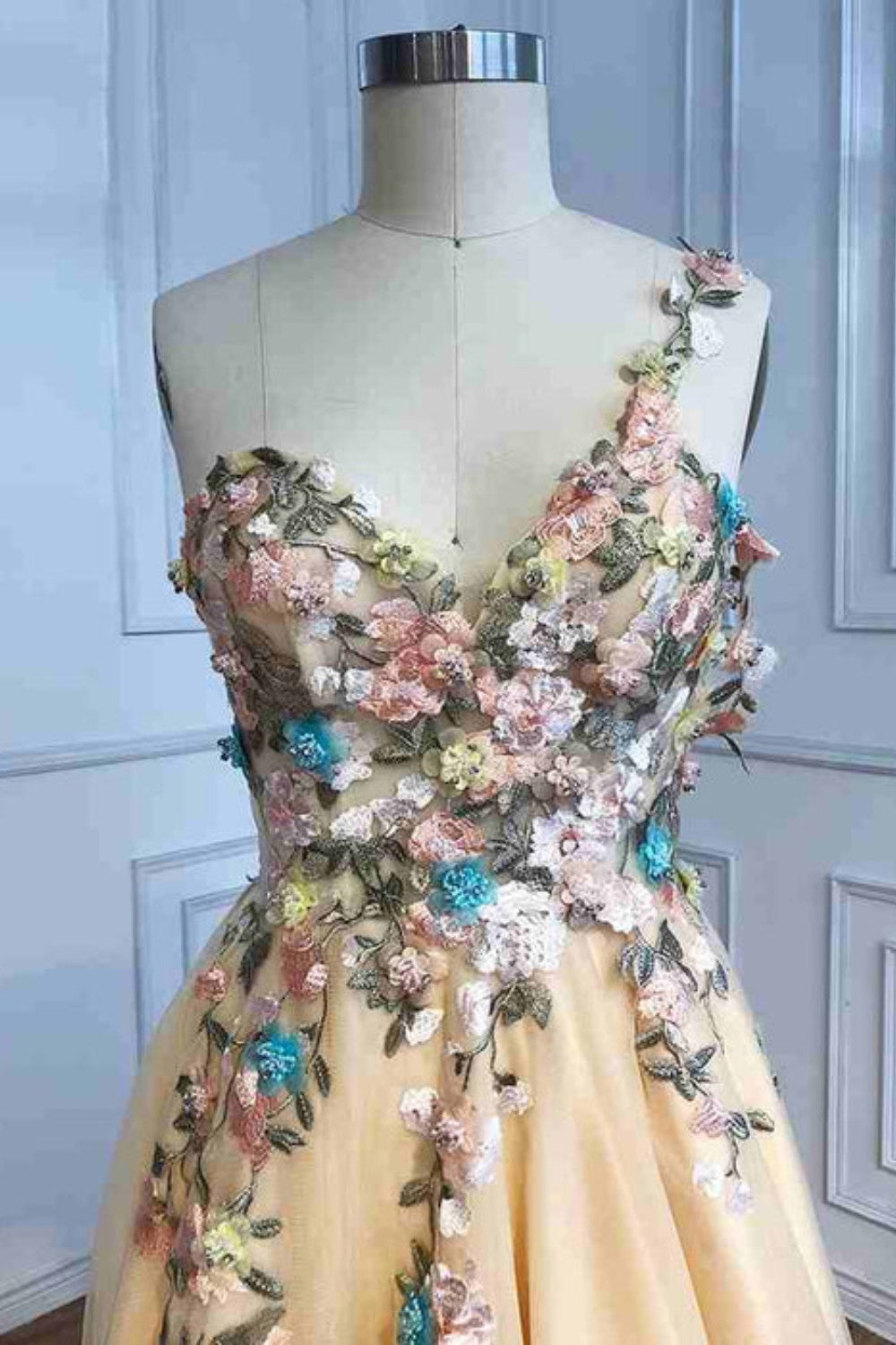 dressimeOne Shoulder Champagne Long Prom Dress with Flowers Slit