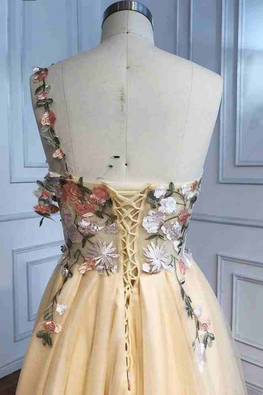 dressimeOne Shoulder Champagne Long Prom Dress with Flowers Slit