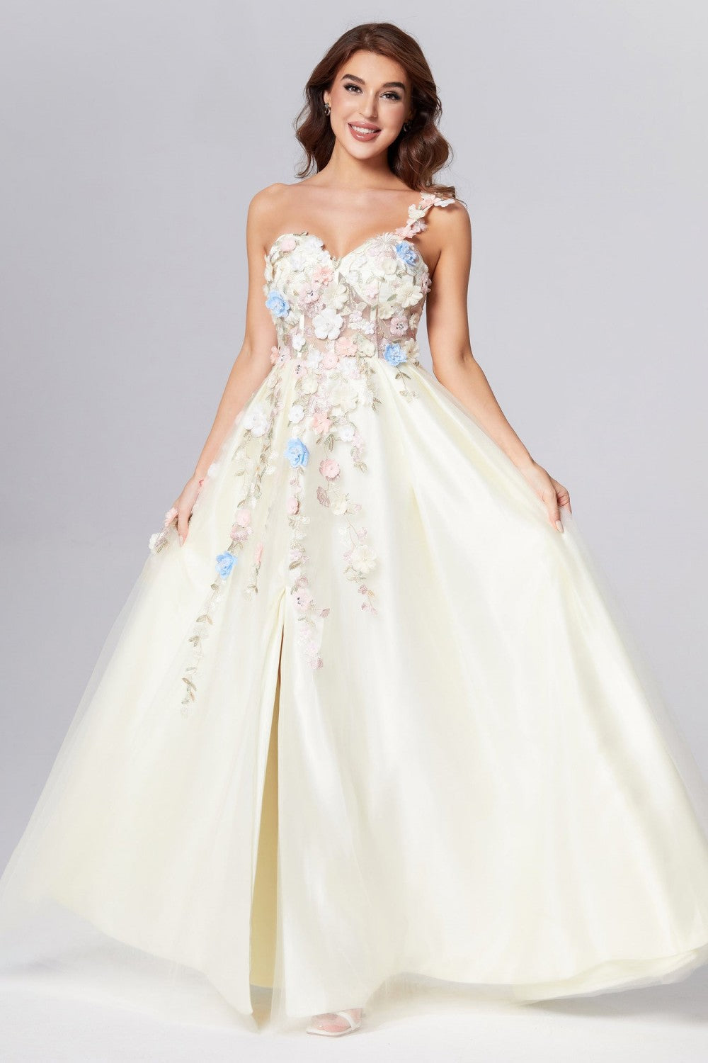 dressimeOne Shoulder Champagne Long Prom Dress with Flowers Slit