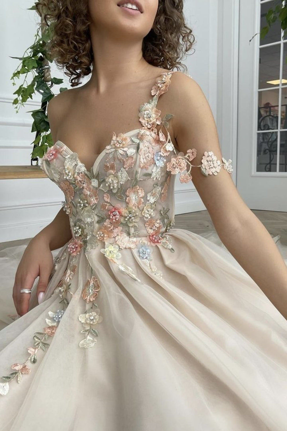 dressimeOne Shoulder Champagne Long Prom Dress with Flowers Slit