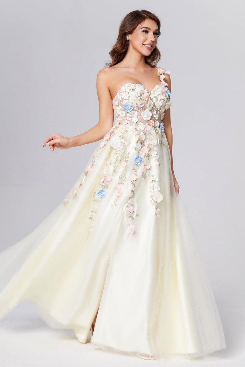 dressimeOne Shoulder Champagne Long Prom Dress with Flowers Slit