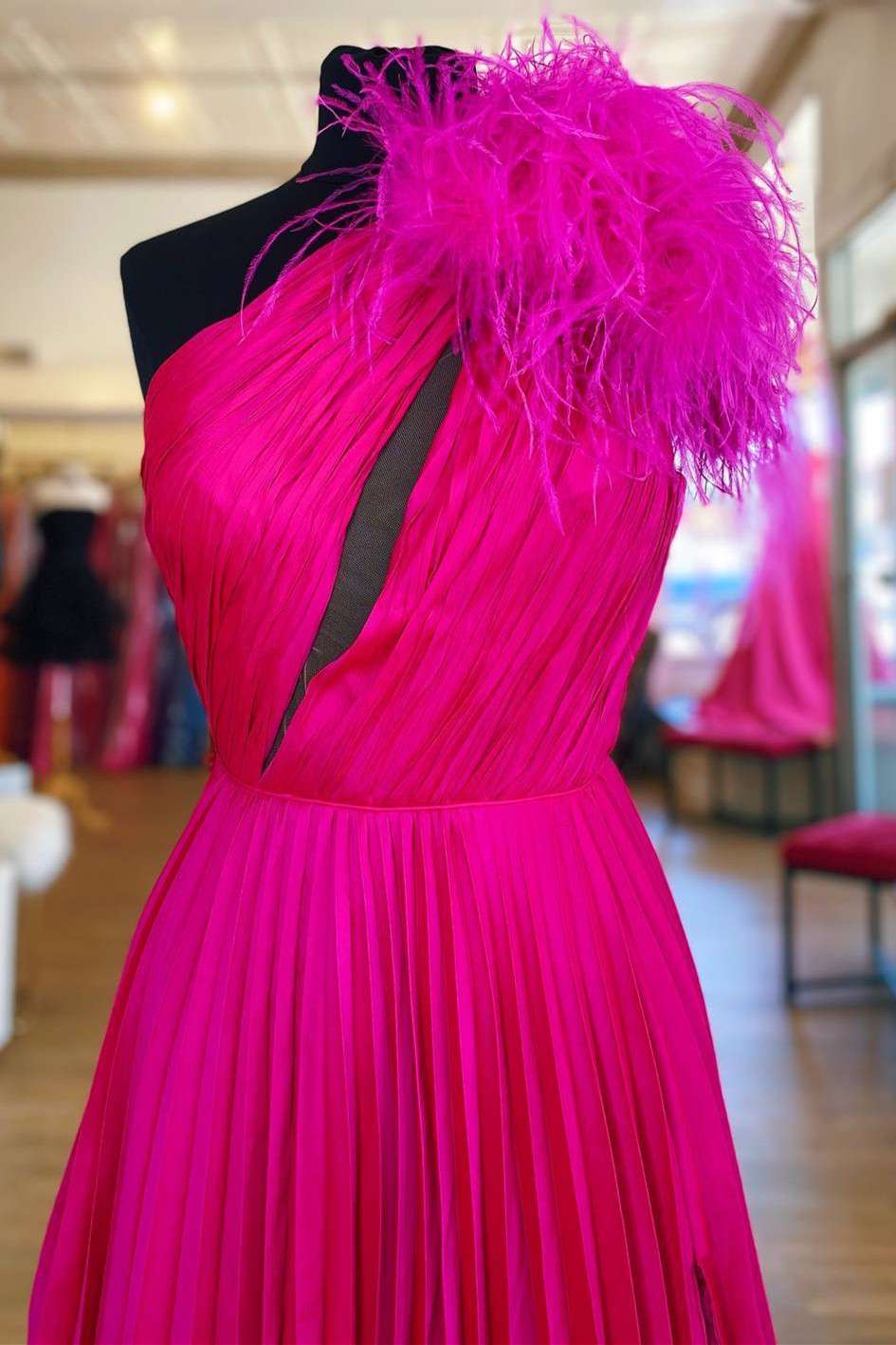 dressimeDressime One-Shoulder Neon Keyhole Feathers A-Line Prom Dress