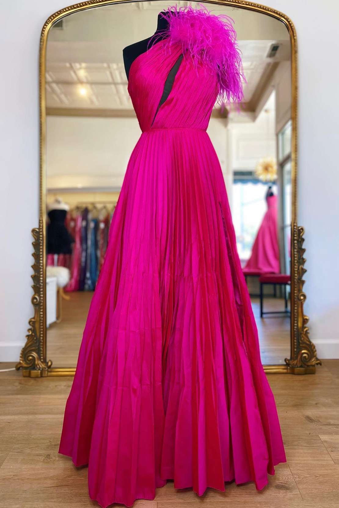 neon prom dress Dressime One-Shoulder Neon Keyhole Feathers A-Line Prom Dress – dressime