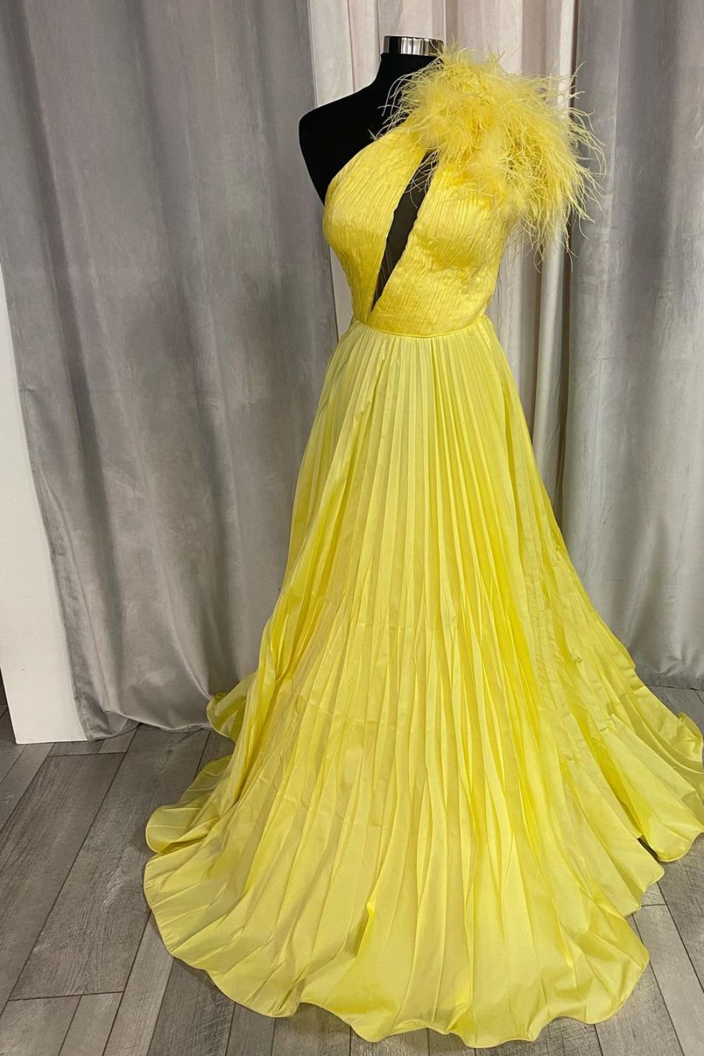 Dressime One-Shoulder Neon Keyhole Feathers A-Line Prom Dress dressime