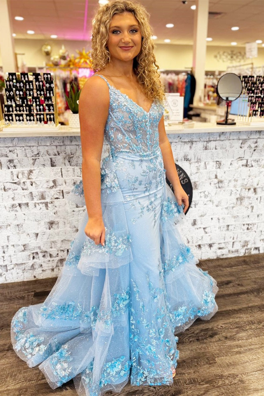 dressimeDressime Organza Sequin Lace V-Neck Prom Dress with Attached Train