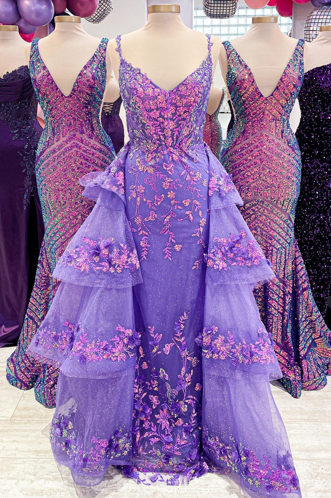 dressimeDressime Organza Sequin Lace V-Neck Prom Dress with Attached Train