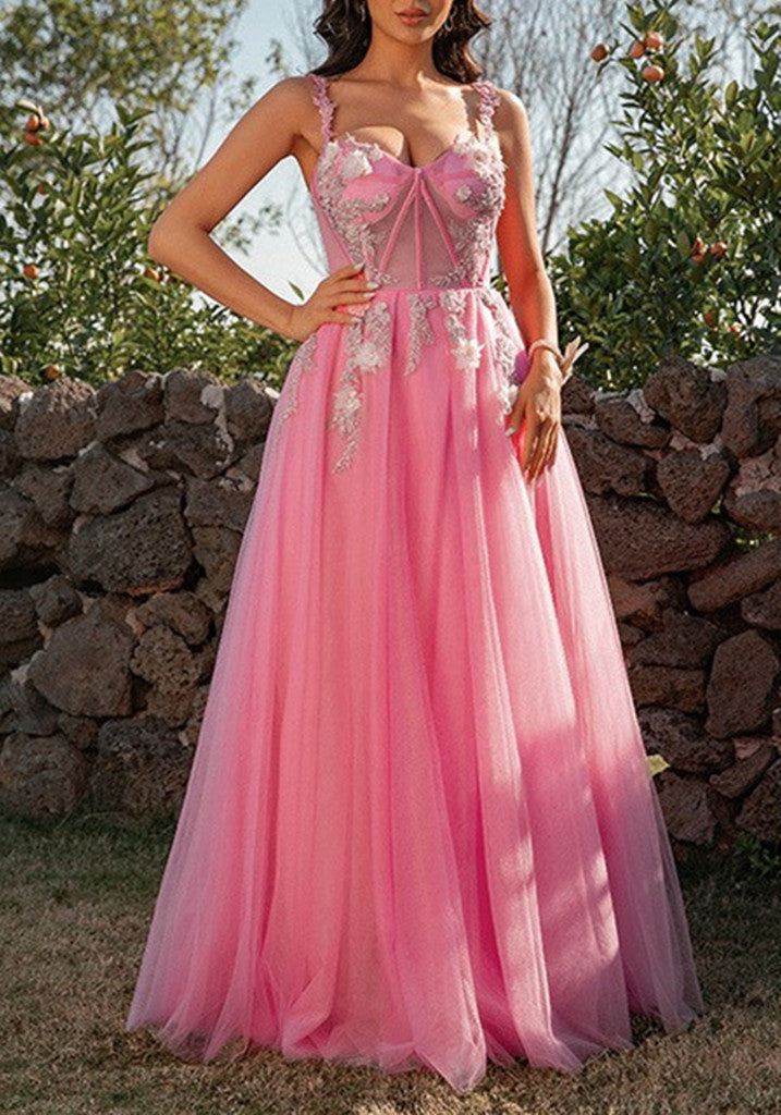 Dressime Pink Spaghetti Straps Tulle Applique Prom Dresses Modest Long dressime Dressime Pink Spaghetti Straps Tulle Applique Prom Dresses Modest Long dressime
