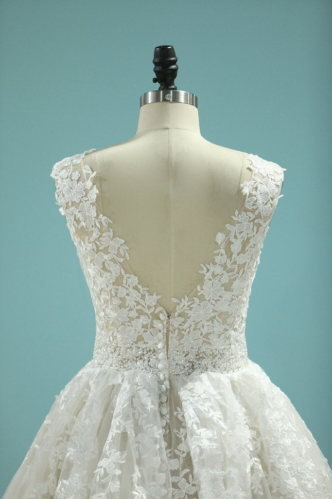 Dressime Plus Size A Line V Neck Tulle Beads Prom Dresses With Appliques dressime