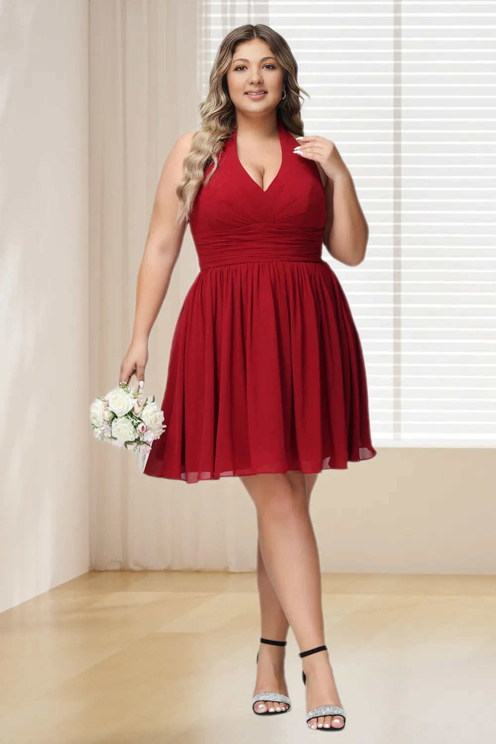 Dressime Plus Size Halter V Neck Chiffon Short Bridesmaid Dress dressime Dressime Plus Size Halter V Neck Chiffon Short Bridesmaid Dress dressime