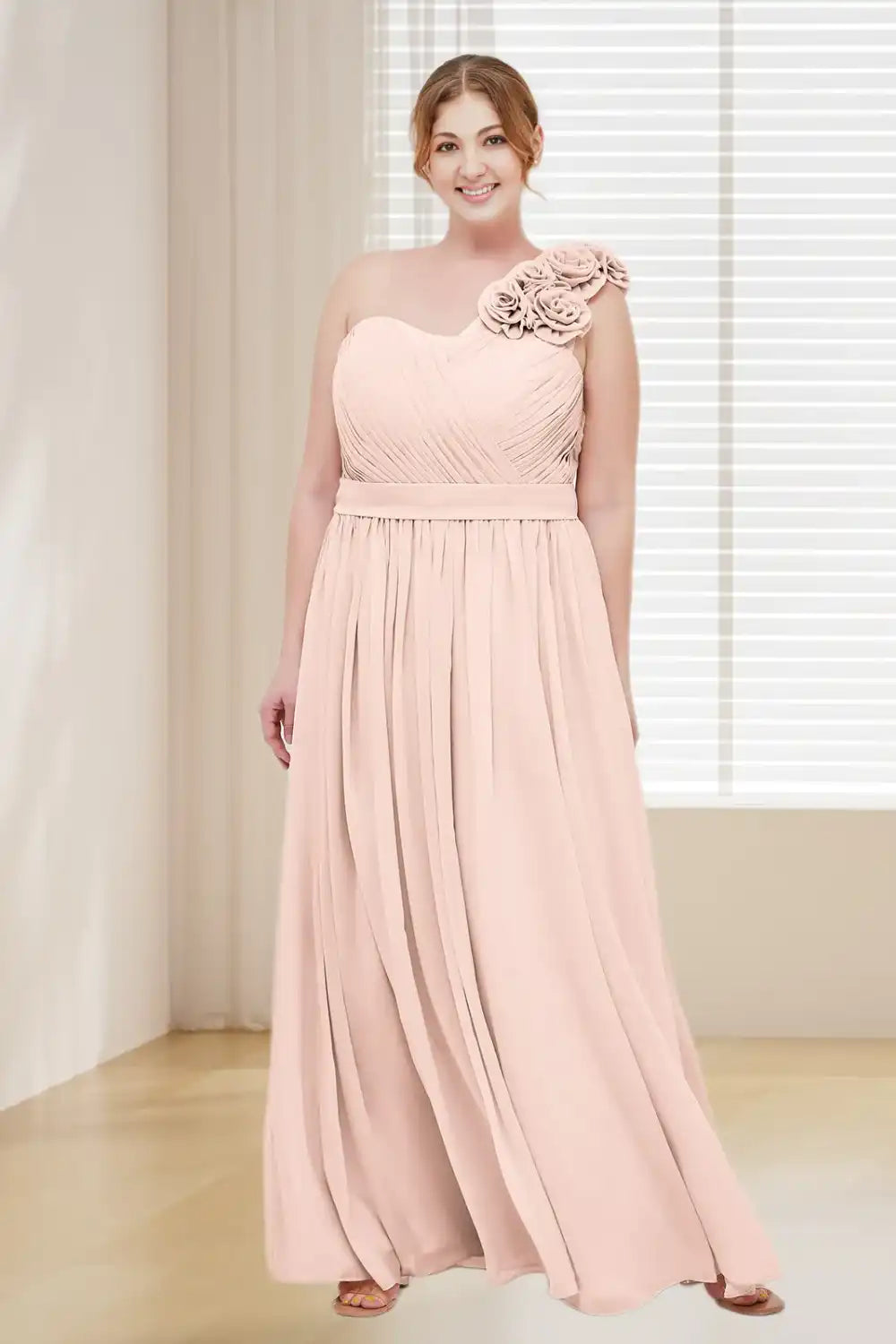 Dressime Plus Size One Shoulder Chiffon Bridesmaid Dress With Flowers Straps dressime