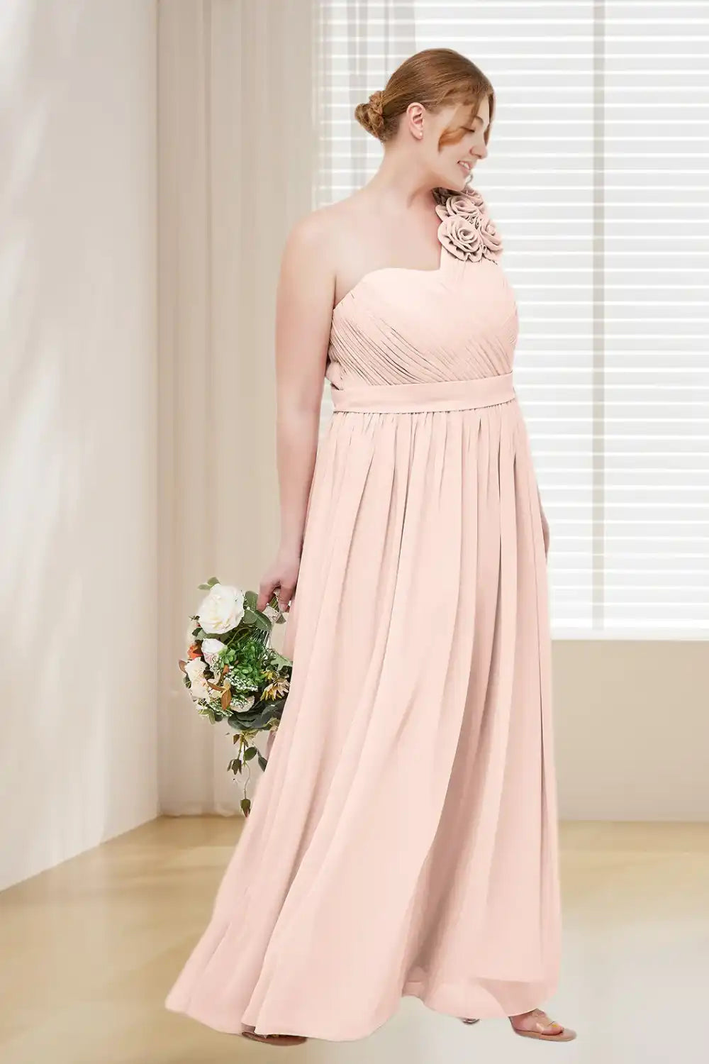 Dressime Plus Size One Shoulder Chiffon Bridesmaid Dress With Flowers Straps dressime