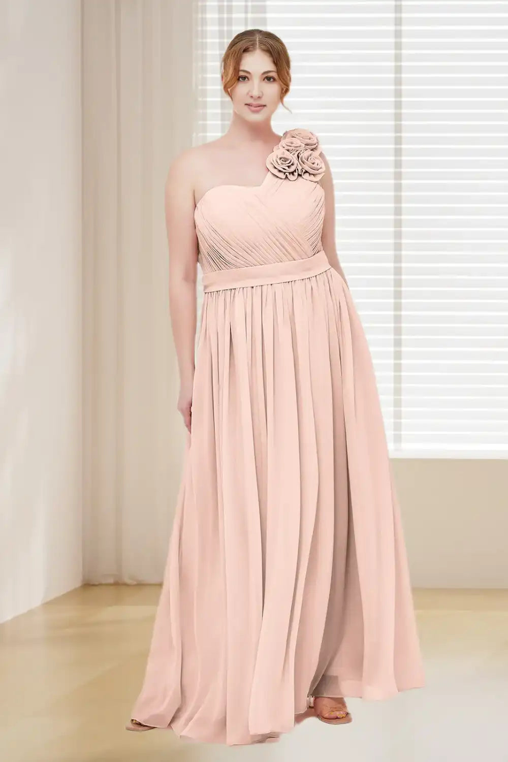 Dressime Plus Size One Shoulder Chiffon Bridesmaid Dress With Flowers Straps dressime