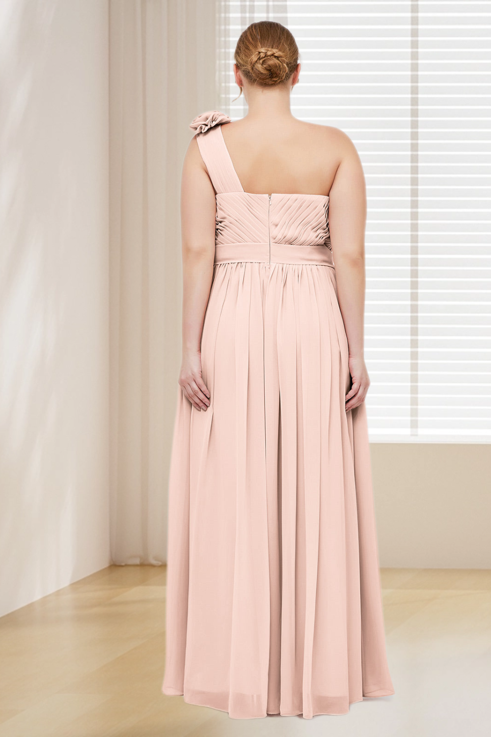 Dressime Plus Size One Shoulder Chiffon Bridesmaid Dress With Flowers Straps dressime