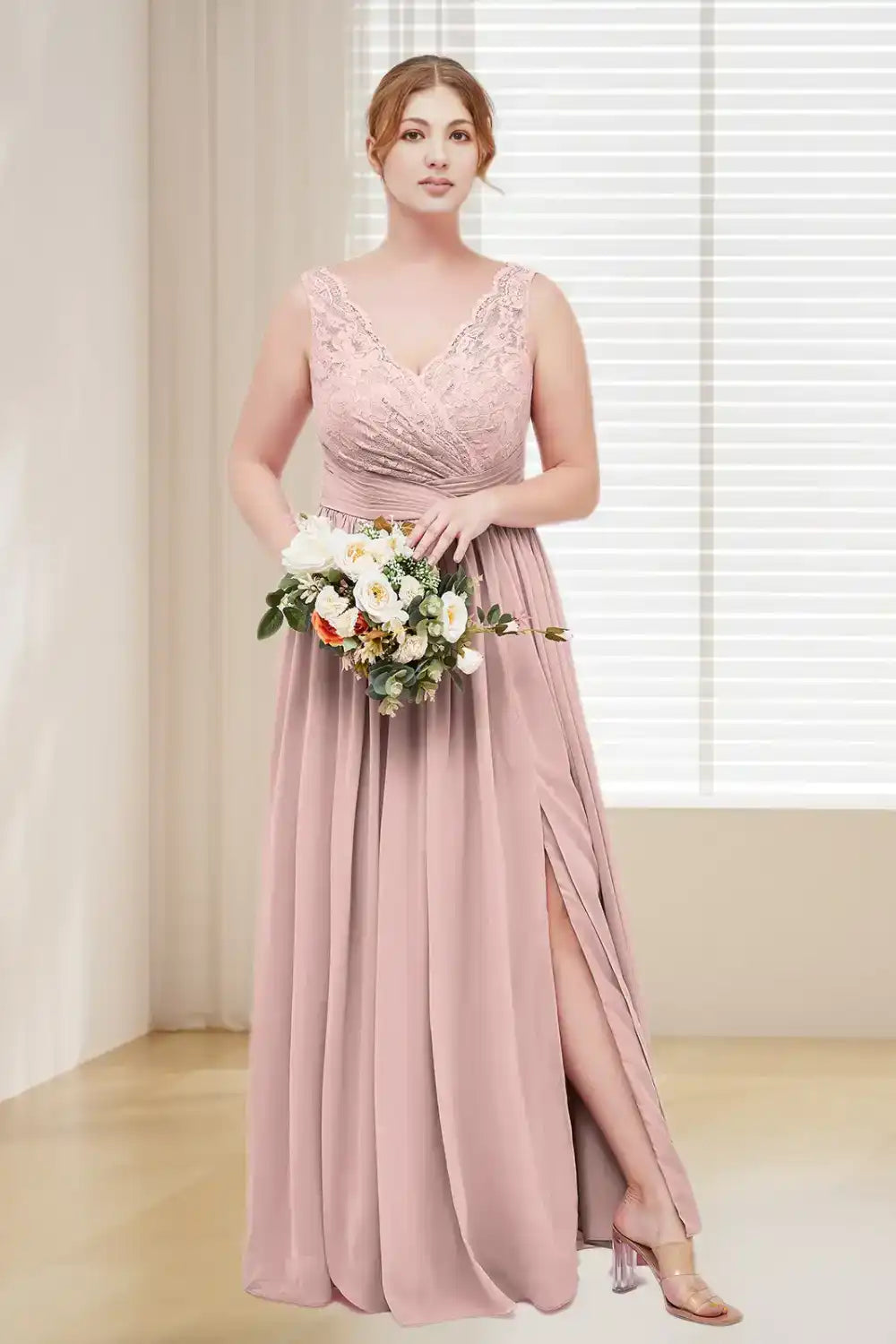 Dressime Plus Size V Neck Chiffon & Lace Bridesmaid Dress With Slit dressime