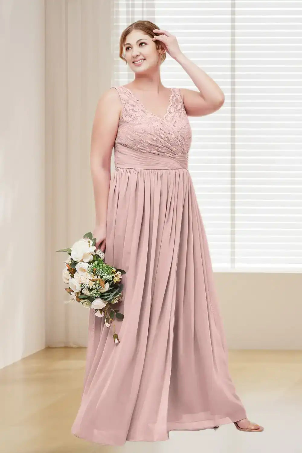 Dressime Plus Size V Neck Chiffon & Lace Bridesmaid Dress With Slit dressime