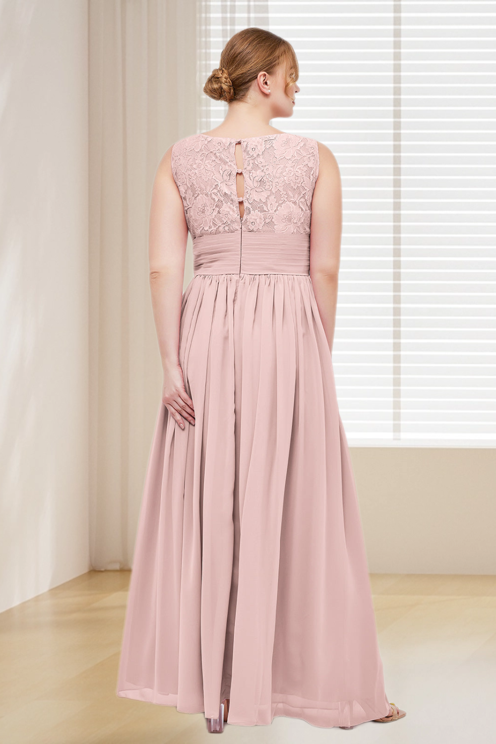 Dressime Plus Size V Neck Chiffon & Lace Bridesmaid Dress With Slit dressime