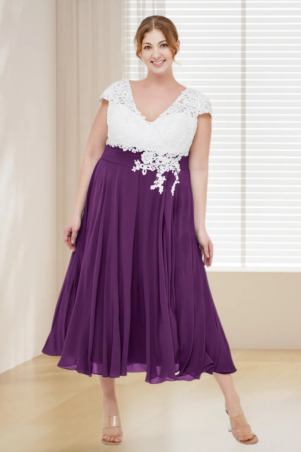 Dressime Plus Size V Neck Lace & Chiffon Short Bridesmaid Dress dressime Dressime Plus Size V Neck Lace & Chiffon Short Bridesmaid Dress dressime