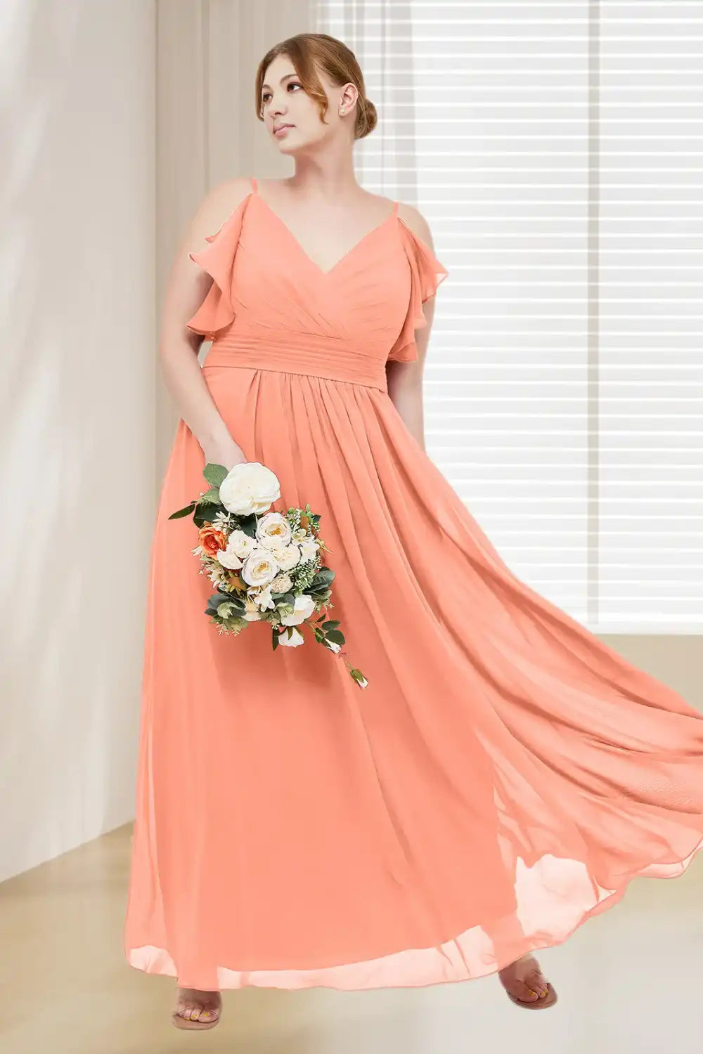 Dressime Plus Size V Neck Ruffles Chiffon Long Bridesmaid Dress