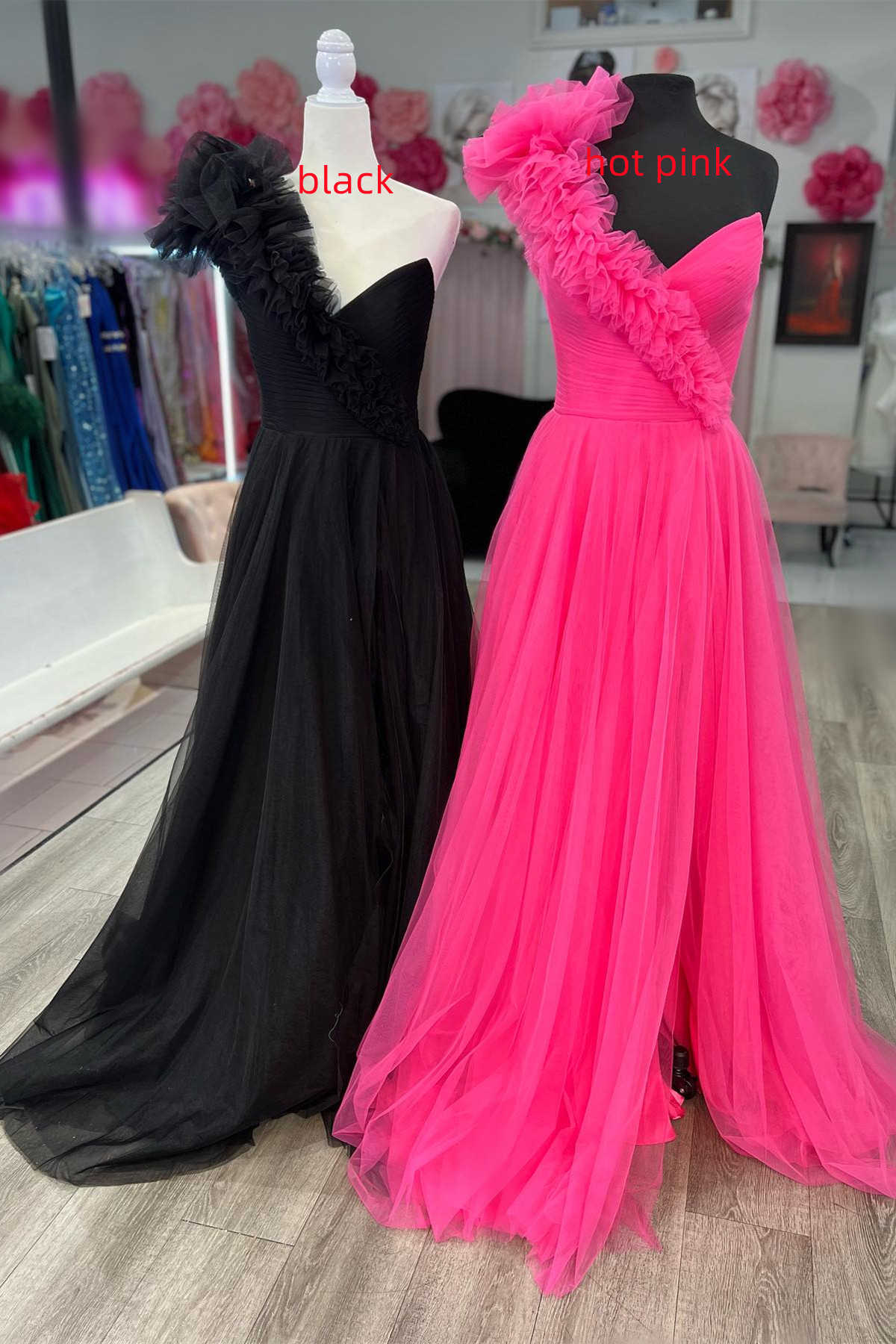 dressimePrincess A-Line Ruffled One Shoulder Tulle Prom Dresses