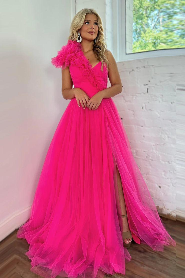 dressimePrincess A-Line Ruffled One Shoulder Tulle Prom Dresses