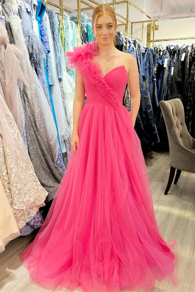 dressimePrincess A-Line Ruffled One Shoulder Tulle Prom Dresses
