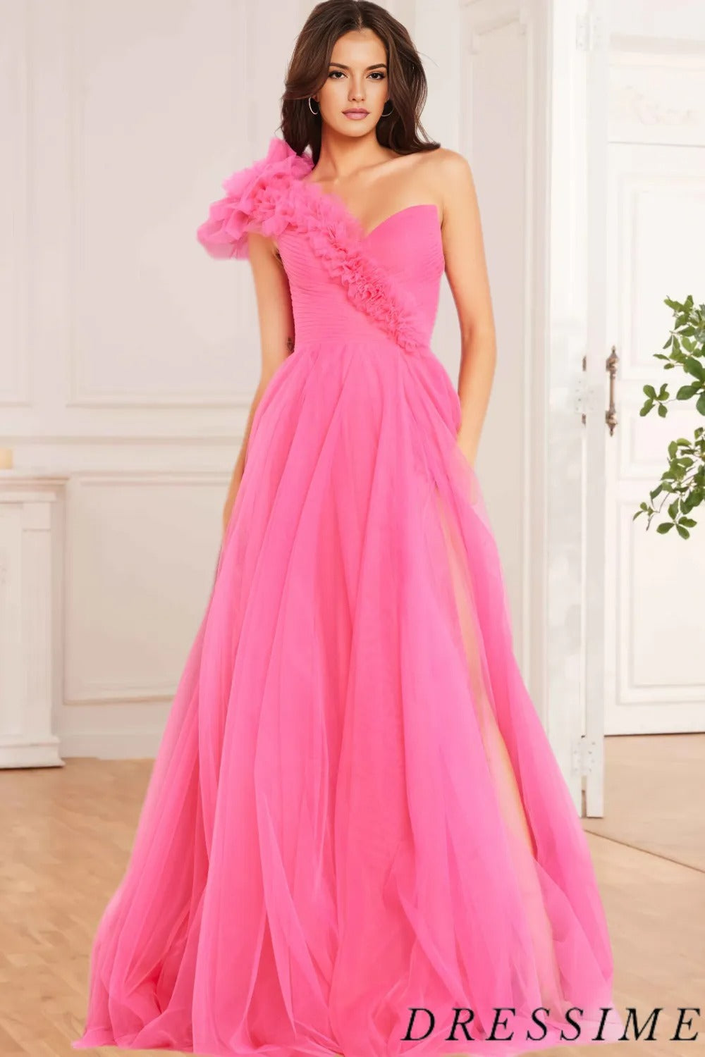 Dressime Princess A-Line Ruffled One Shoulder Tulle Prom Dresses dressime Dressime Princess A-Line Ruffled One Shoulder Tulle Prom Dresses dressime