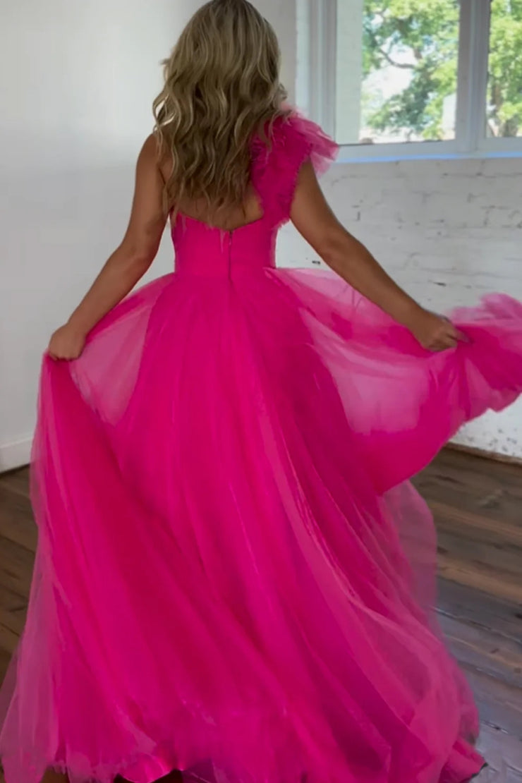 dressimePrincess A-Line Ruffled One Shoulder Tulle Prom Dresses