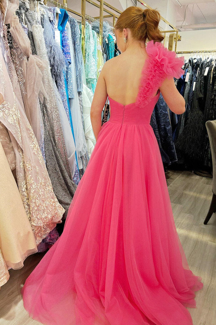 dressimePrincess A-Line Ruffled One Shoulder Tulle Prom Dresses