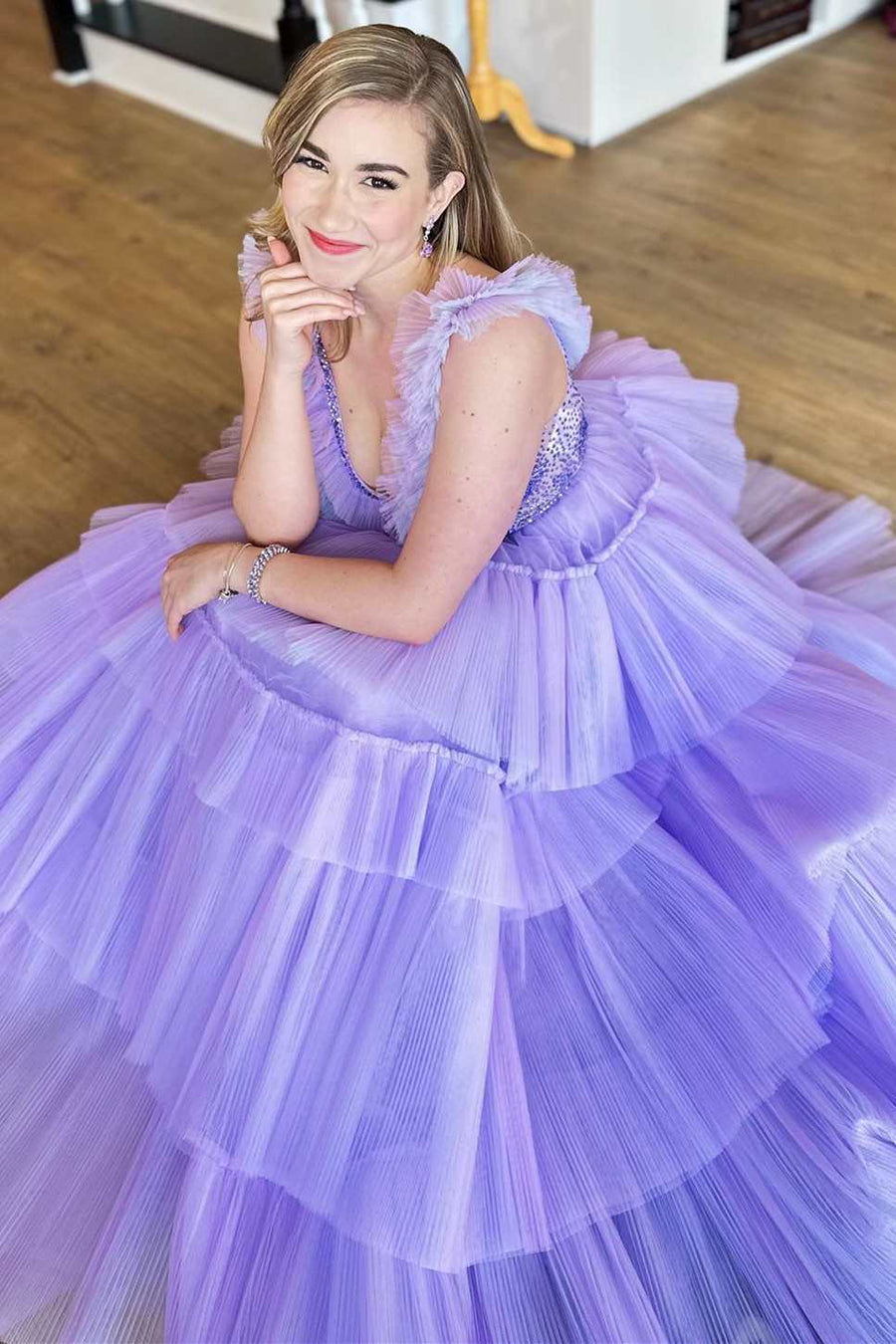 Dressime Princess A Line V neck Tiered Long Prom Dresses Ruffles dressime