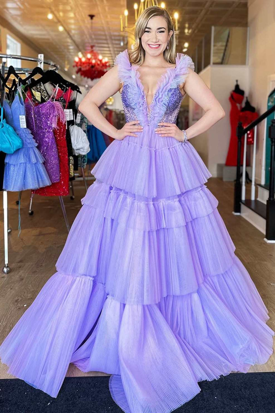 Dressime Princess A Line V neck Tiered Long Prom Dresses Ruffles dressime