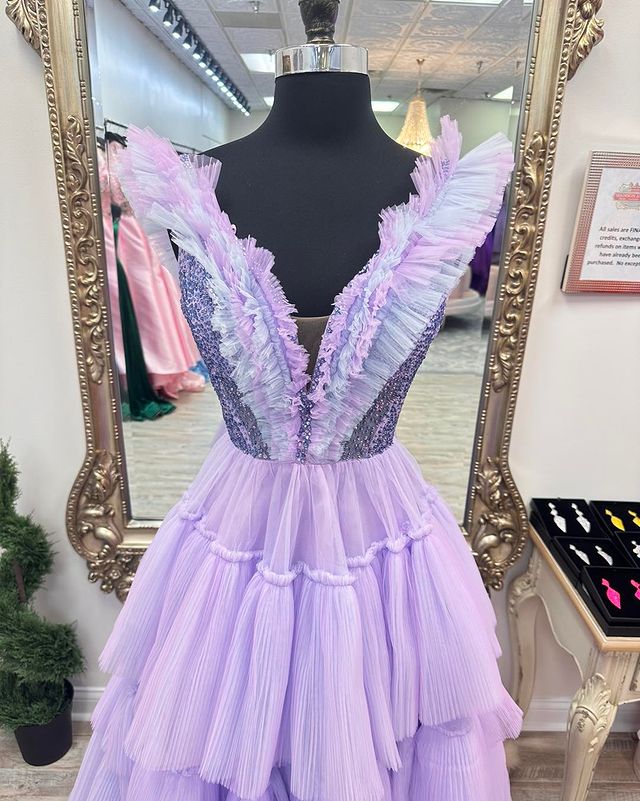 Dressime Princess A Line V neck Tiered Long Prom Dresses Ruffles dressime